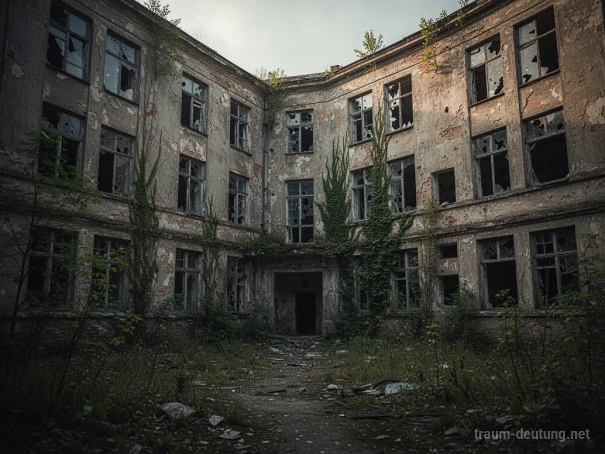 Verlassenes Krankenhaus mit zerbrochenen Fenstern und überwucherter Vegetation.