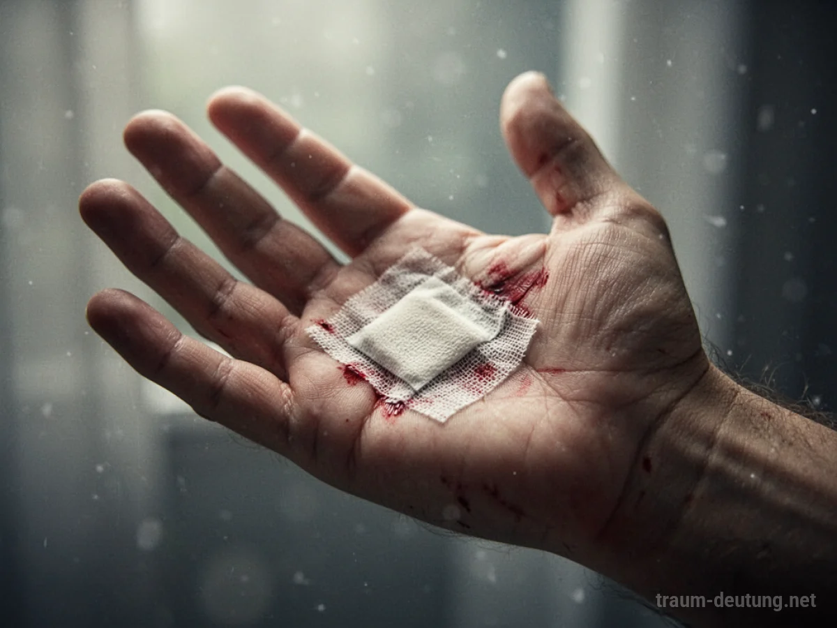 Eine Hand mit einem Verband am Handteller.