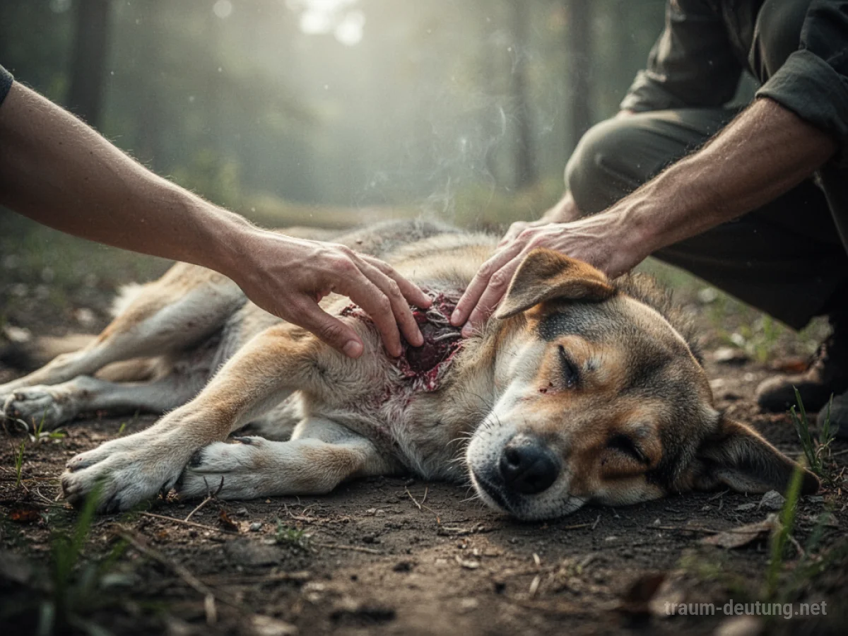Eine Hand versorgt einen verletzten Hund auf dem Boden.