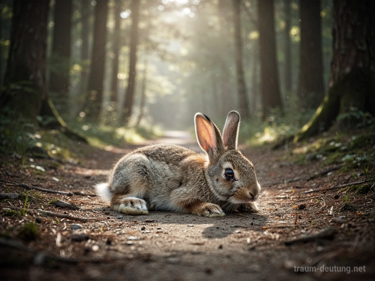 Ein verletzter Hase liegt auf einem Waldweg im sanften Licht.