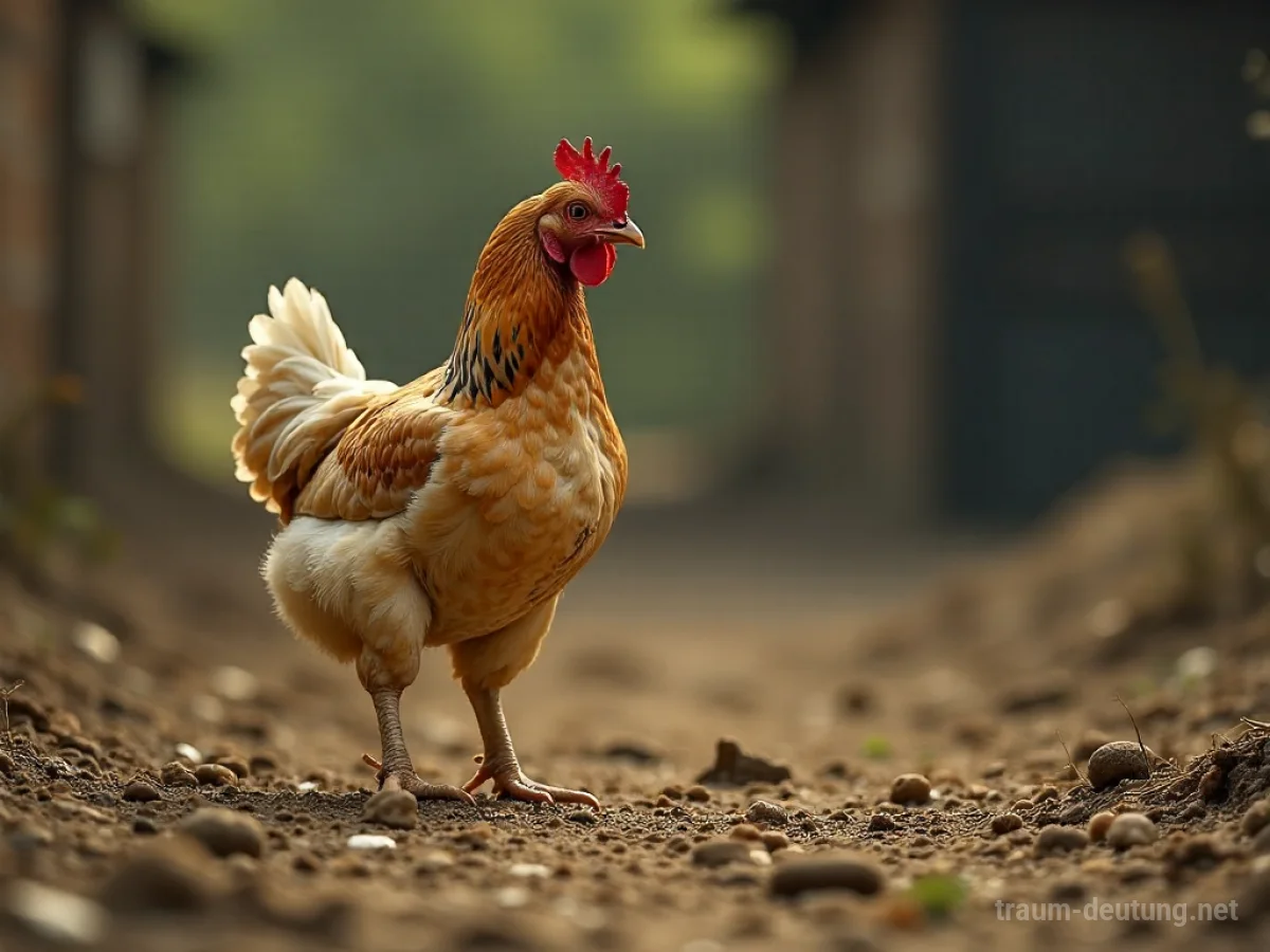 Ein verletztes Huhn steht allein auf einem staubigen Bauernhof.