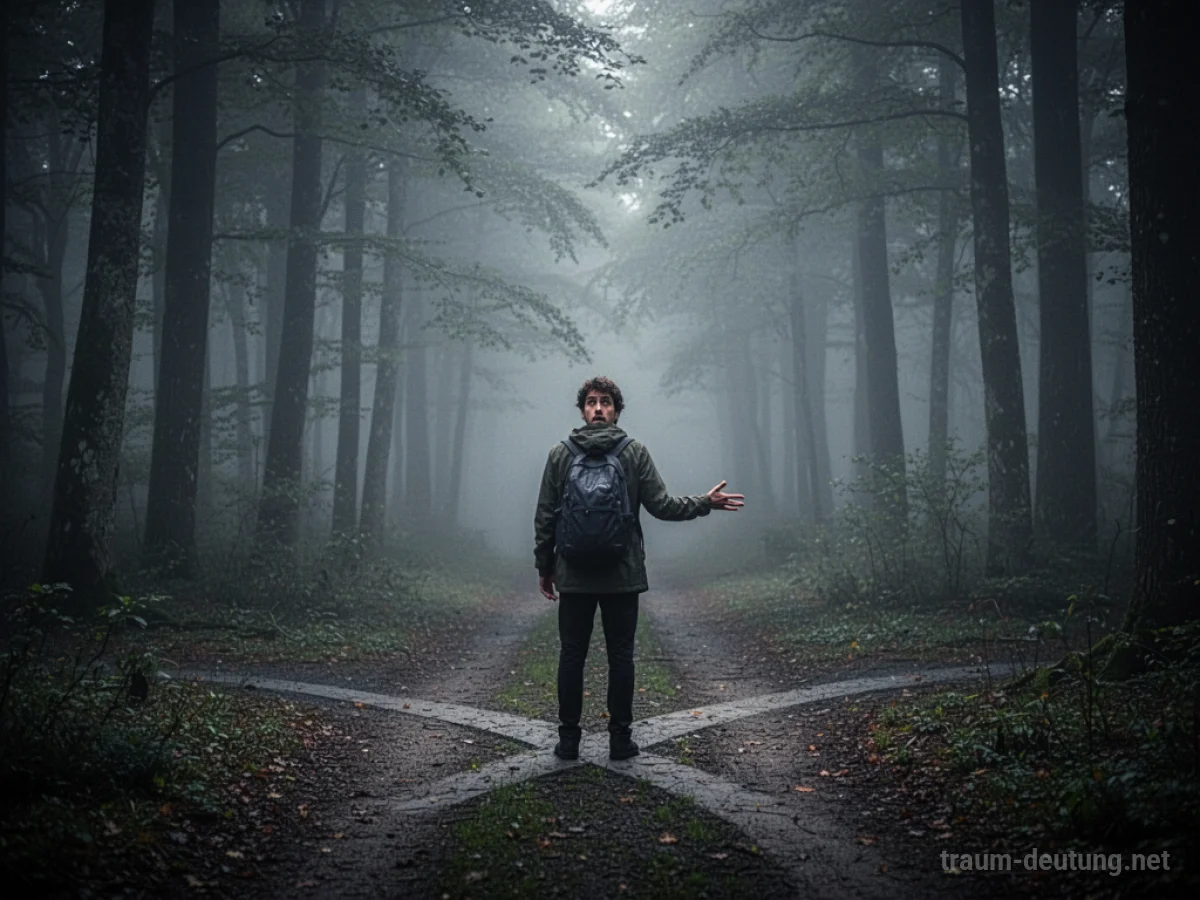 Eine einsame Person an einer Weggabelung im Nebel, die unsicher nach Hilfe sucht.