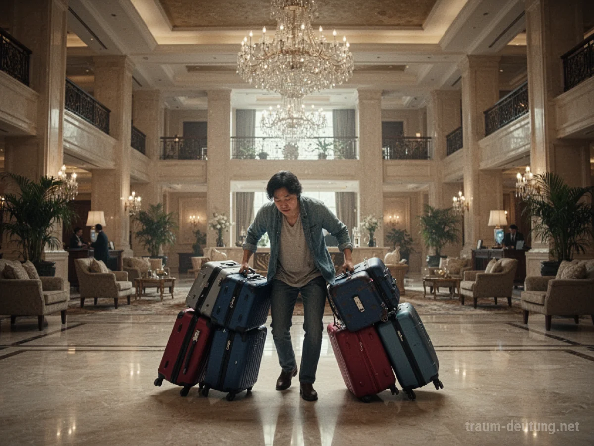 Person mit vielen Koffern steht vor einer Hotel-Lobby