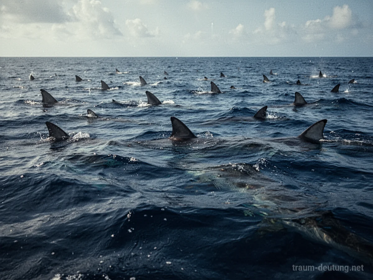 Viele Haifischflossen ragen aus dem Wasser in einem Meer.