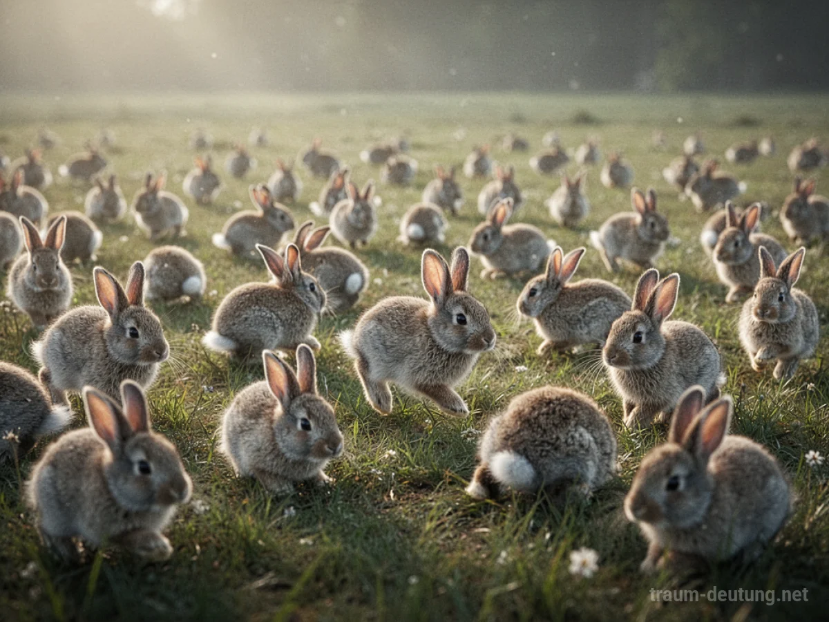 Viele kleine, flauschige Hasen hoppeln auf einer grünen Wiese.