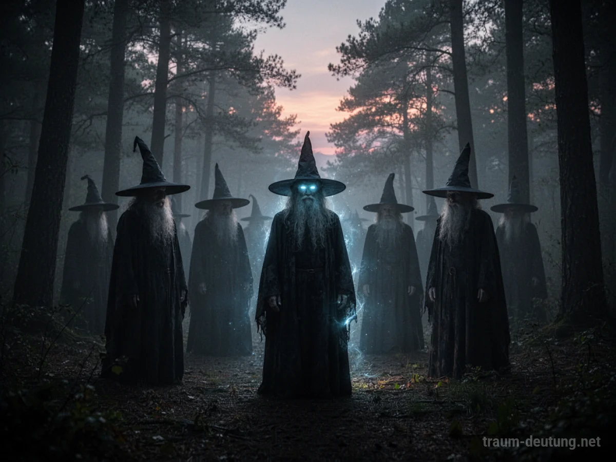 Viele Hexen stehen im Nebel eines dunklen Waldes.