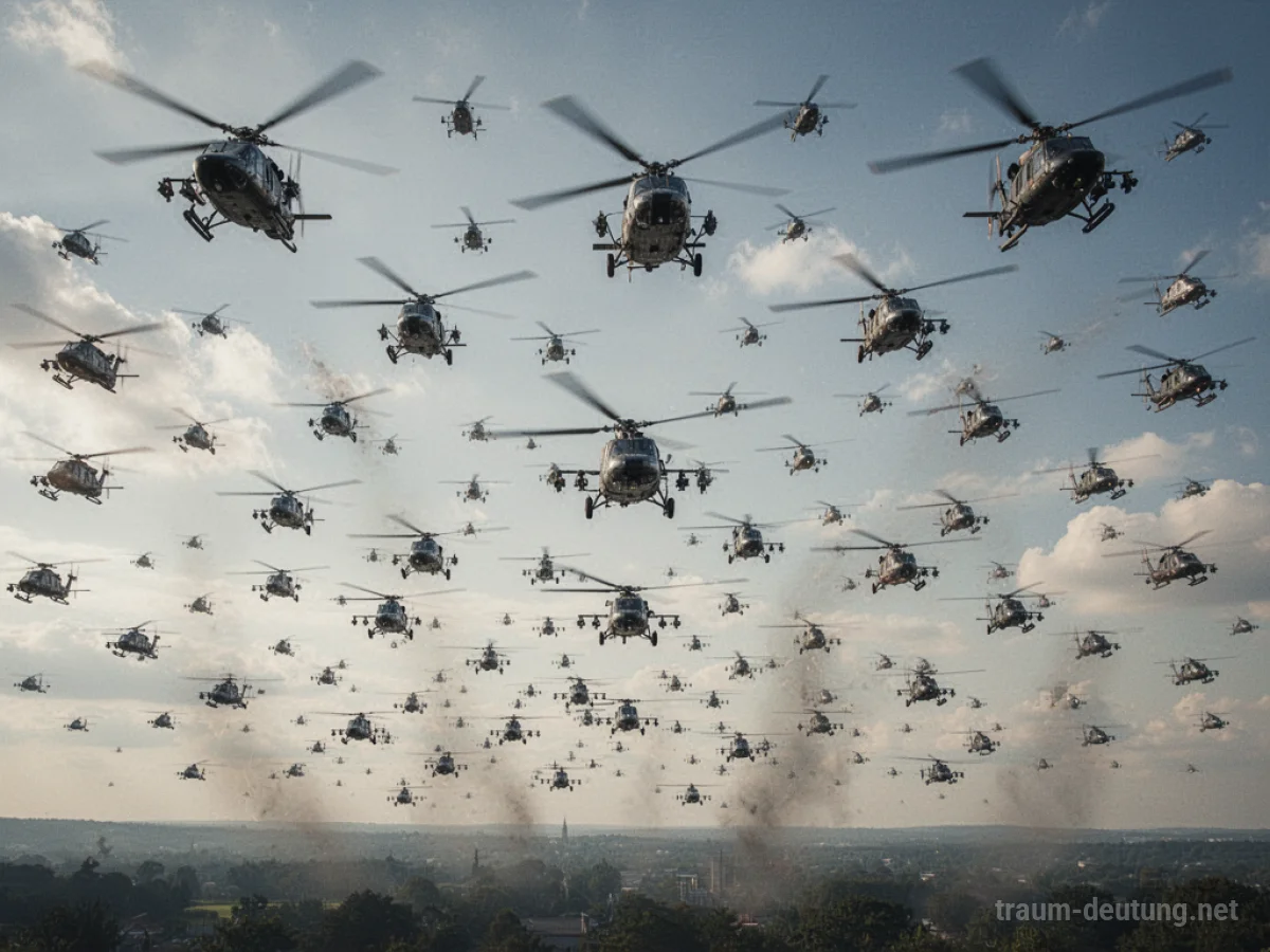 Ein Himmel voller Hubschrauber, die sich über einer Landschaft bewegen.