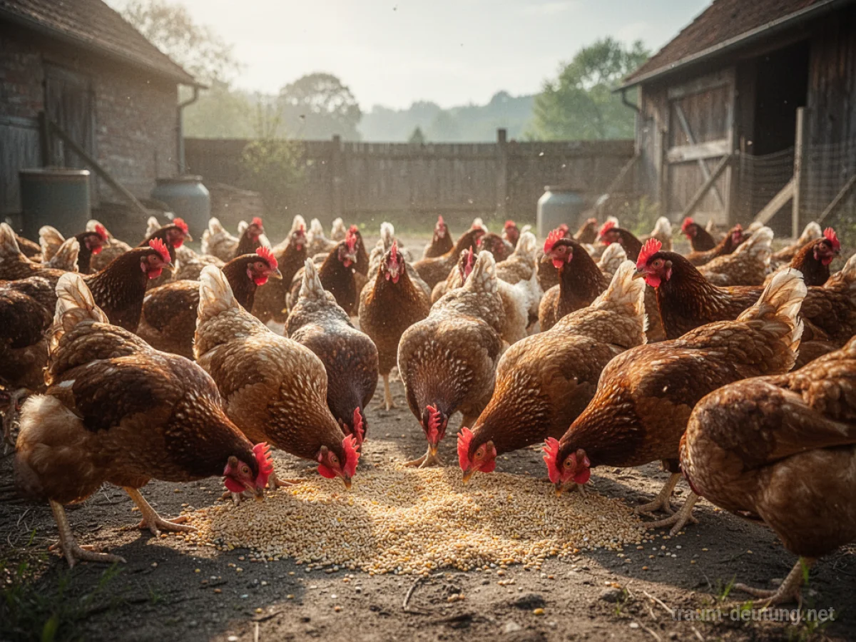 Viele Hühner versammeln sich auf einem sonnigen Bauernhof