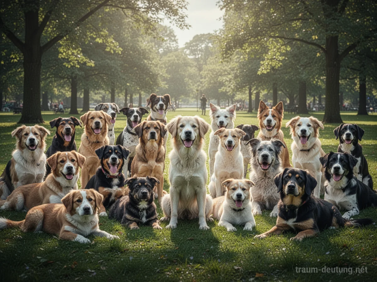 Viele verschiedene Hunde versammeln sich in einem sonnigen Park.