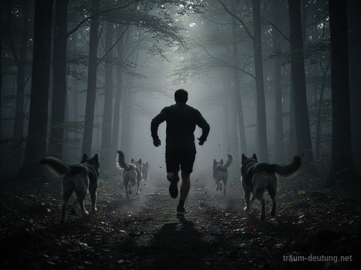 Person rennt vor Hundeformen im Nebel davon