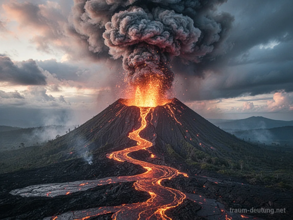 Ein Vulkan bricht aus, Lava fließt über die Hänge unter einem dramatischen Himmel.