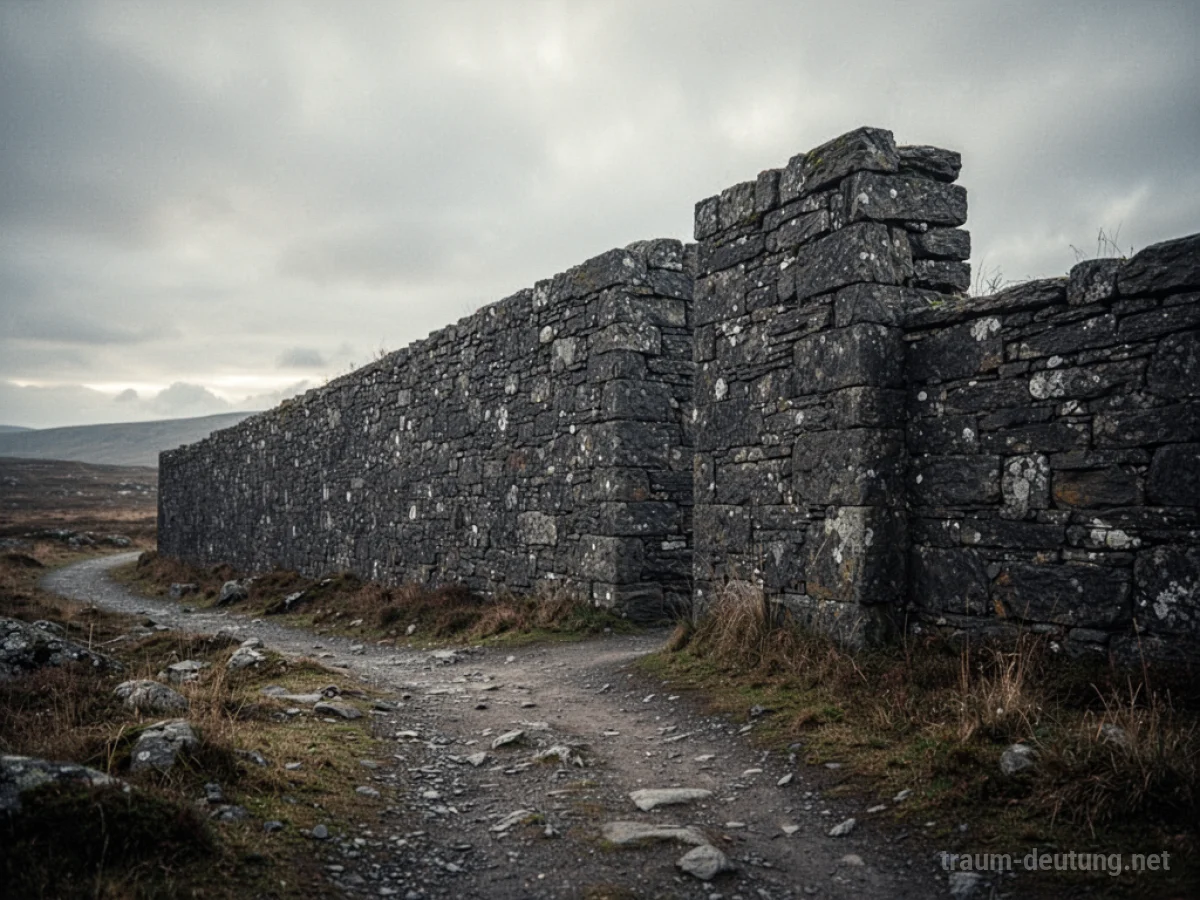 Eine hohe Steinmauer versperrt einen Weg in einer öden Landschaft.