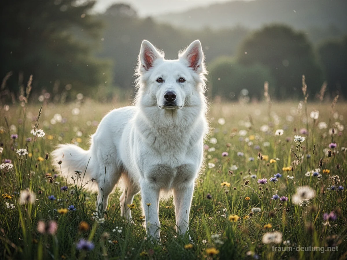 Ein weißer Hund steht friedlich auf einer sonnigen Wiese.