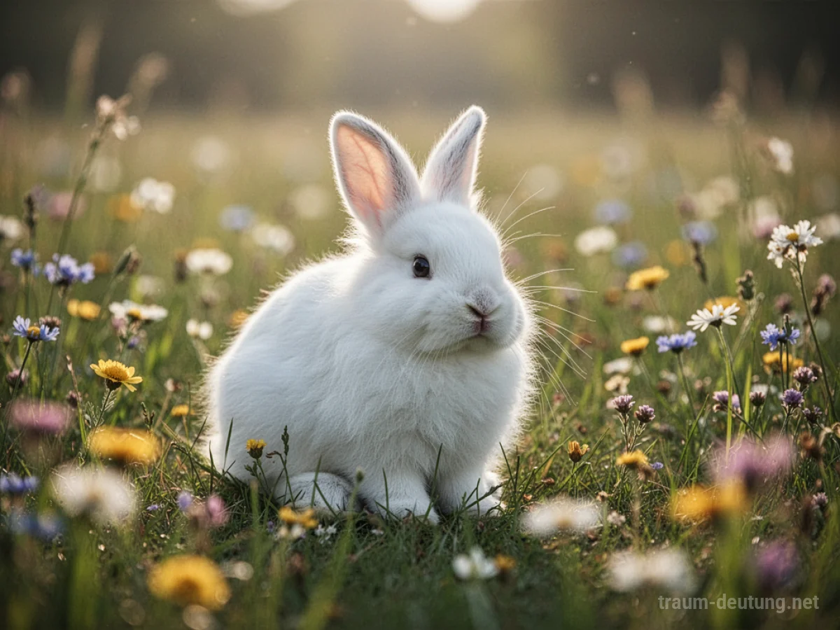 Ein weißer Hase sitzt in einer sonnenbeschienenen Wiese.