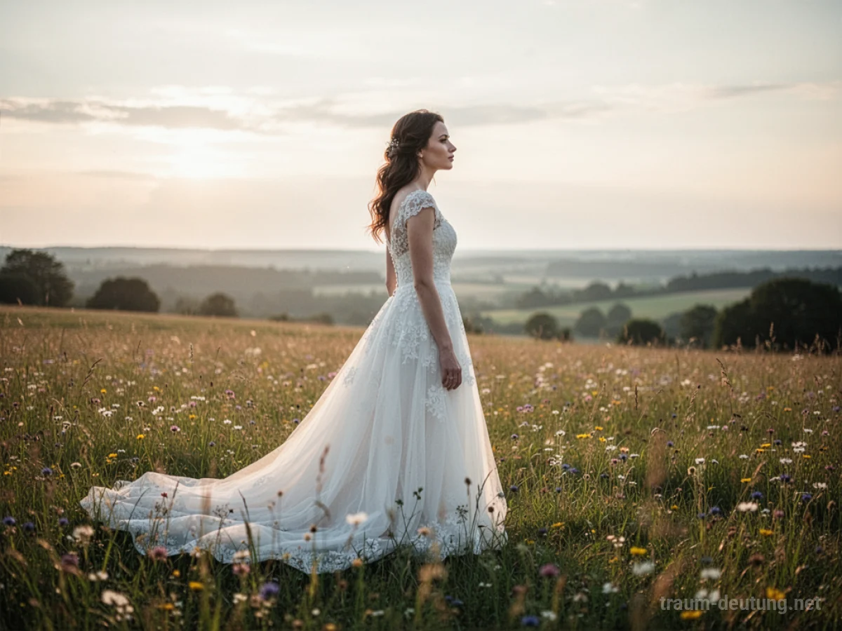 Frau in einem fließenden weißen Hochzeitskleid auf einer sonnigen Wiese