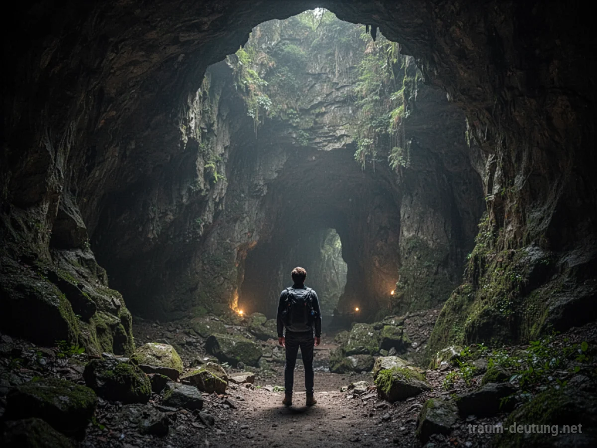 Eine Person steht am Eingang einer weiten, dunklen Höhle und blickt hinein.