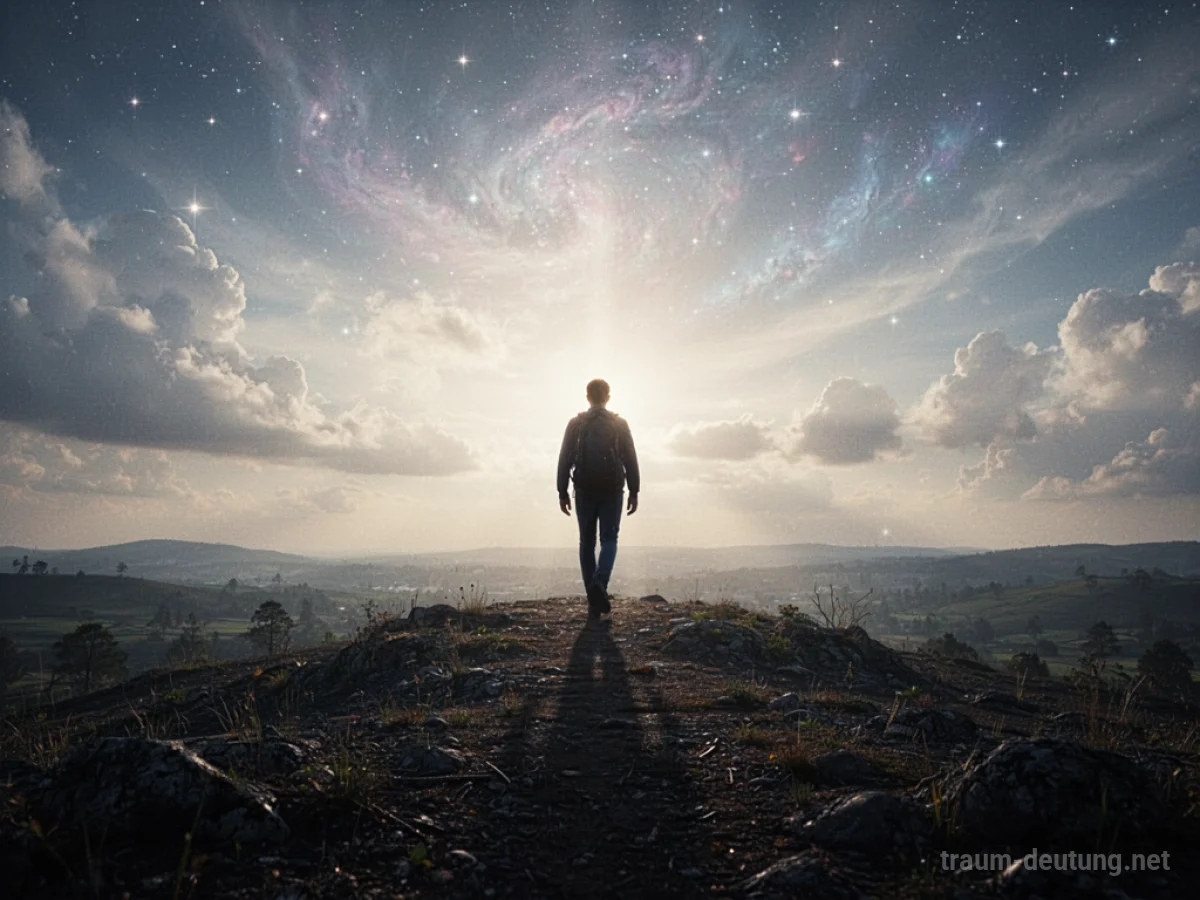 Eine Person steigt empor zum strahlenden Himmel über einer dunklen Landschaft.