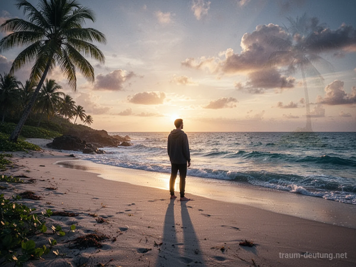 Eine Person steht allein am Strand einer einsamen Insel und blickt auf das Meer.
