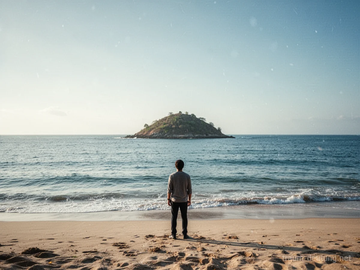 Einsame Figur steht am Strand und blickt auf eine Insel im Meer.