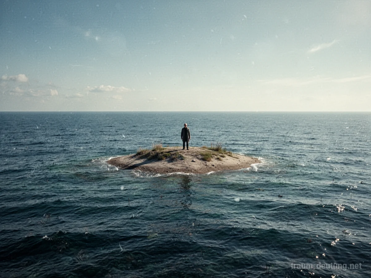 Eine einsame Person steht auf einer kleinen Insel im weiten Meer.