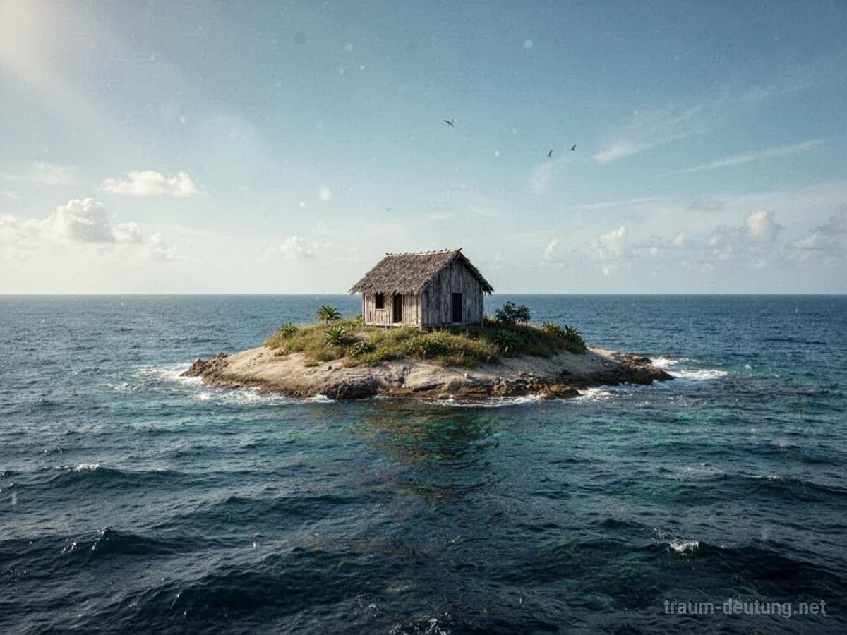 Eine einsame Insel mit einer kleinen Hütte im Meer unter blauem Himmel.