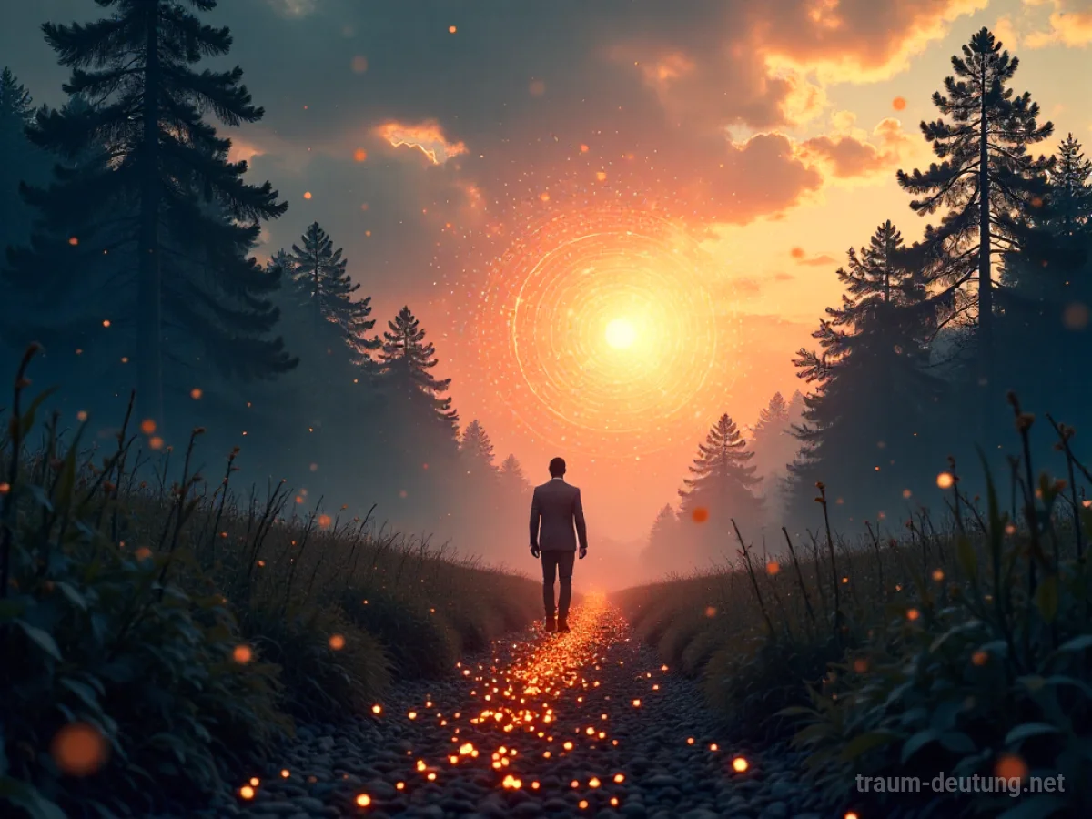 Person wendet sich von einem digitalen Netzwerk ab und geht in eine ruhige Naturlandschaft.