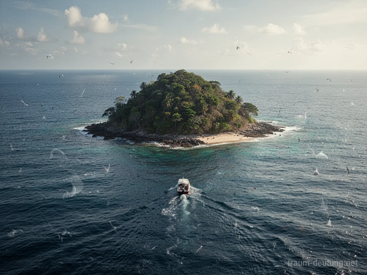 Eine einsame Insel mit einem kleinen Boot, das sich der Küste nähert.