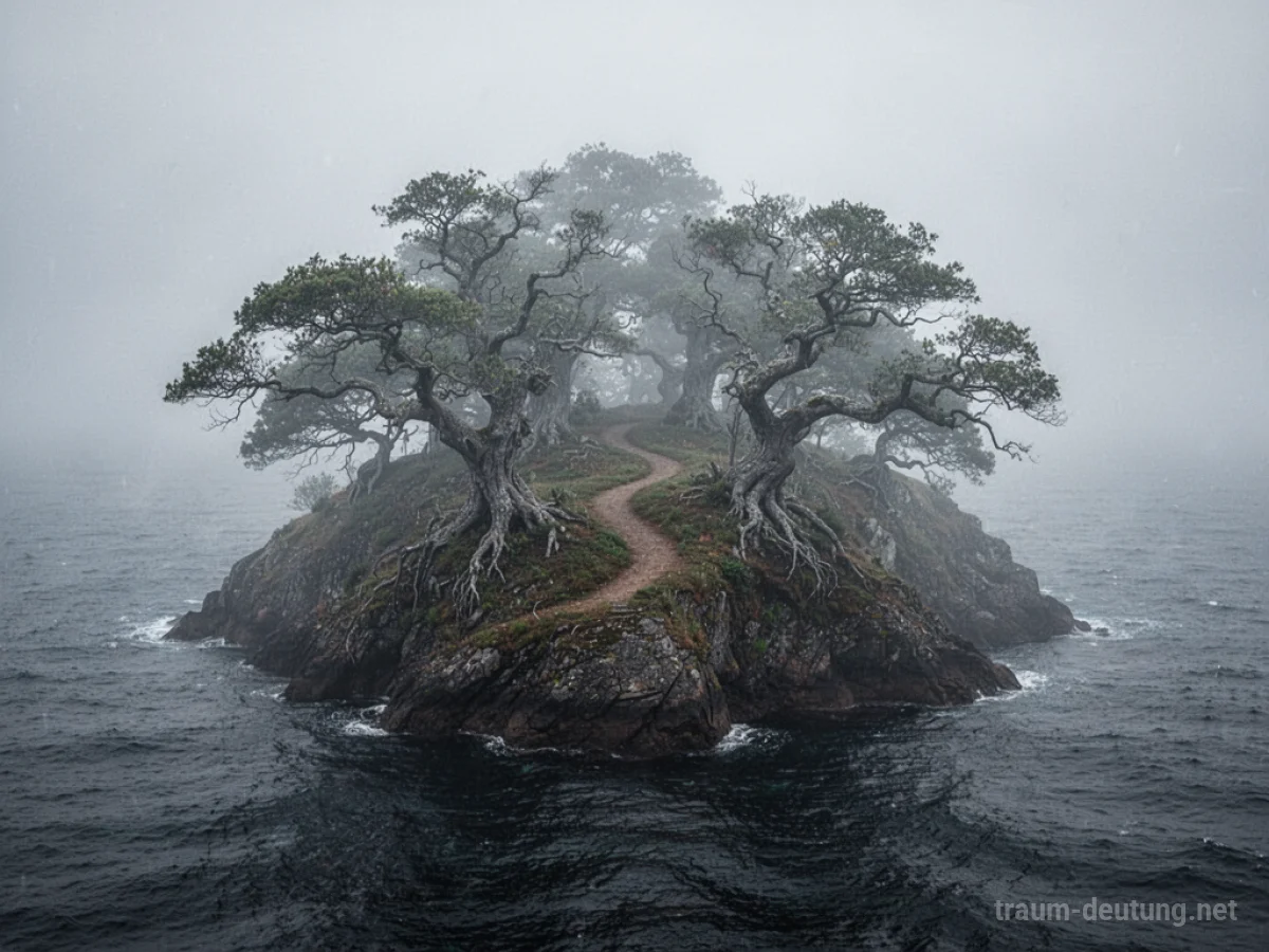 Geheimnisvolle Insel, umhüllt von Nebel, mit einem Pfad ins Innere