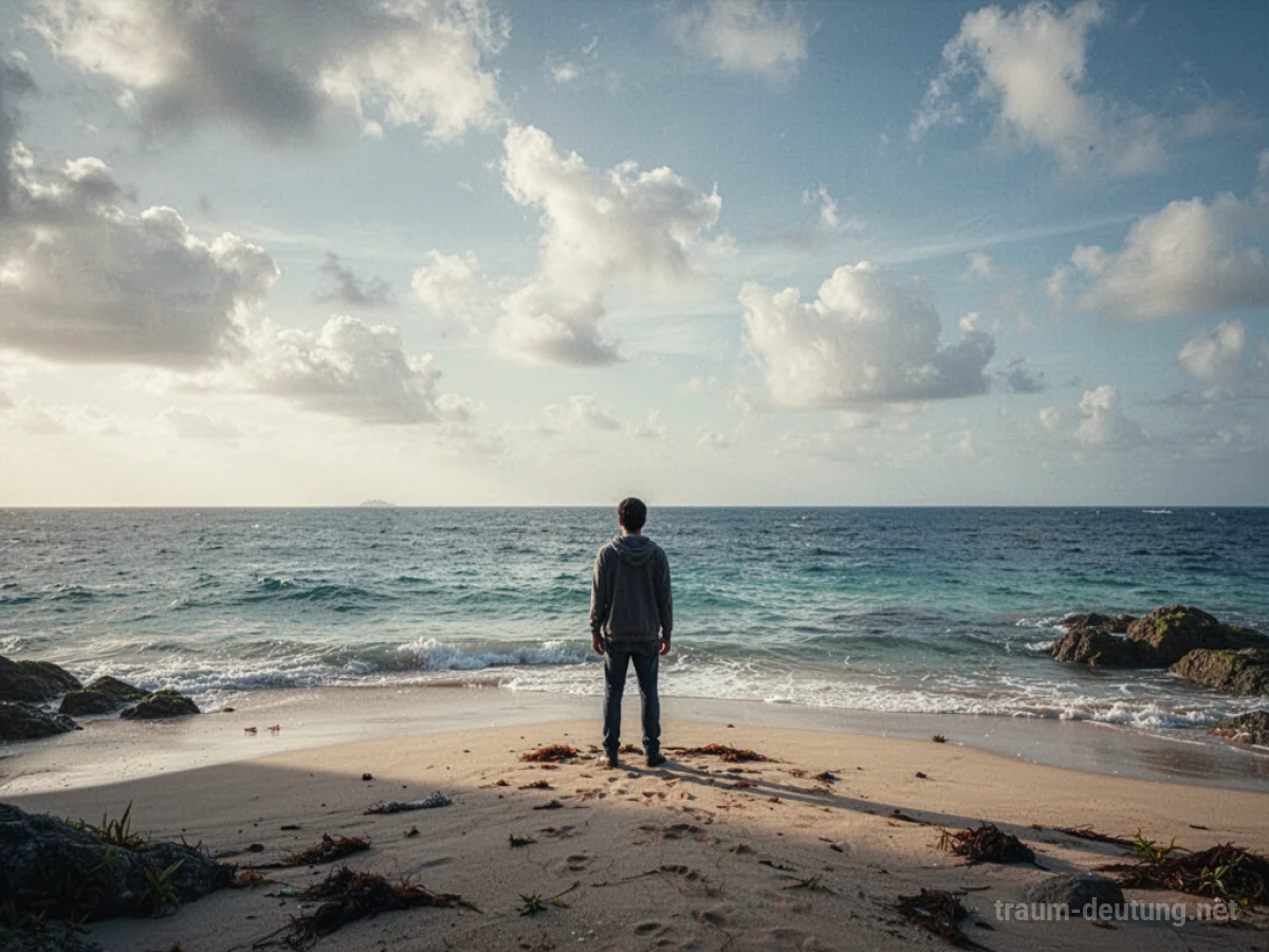 Eine Person steht allein am Strand einer einsamen Insel und blickt auf das Meer.