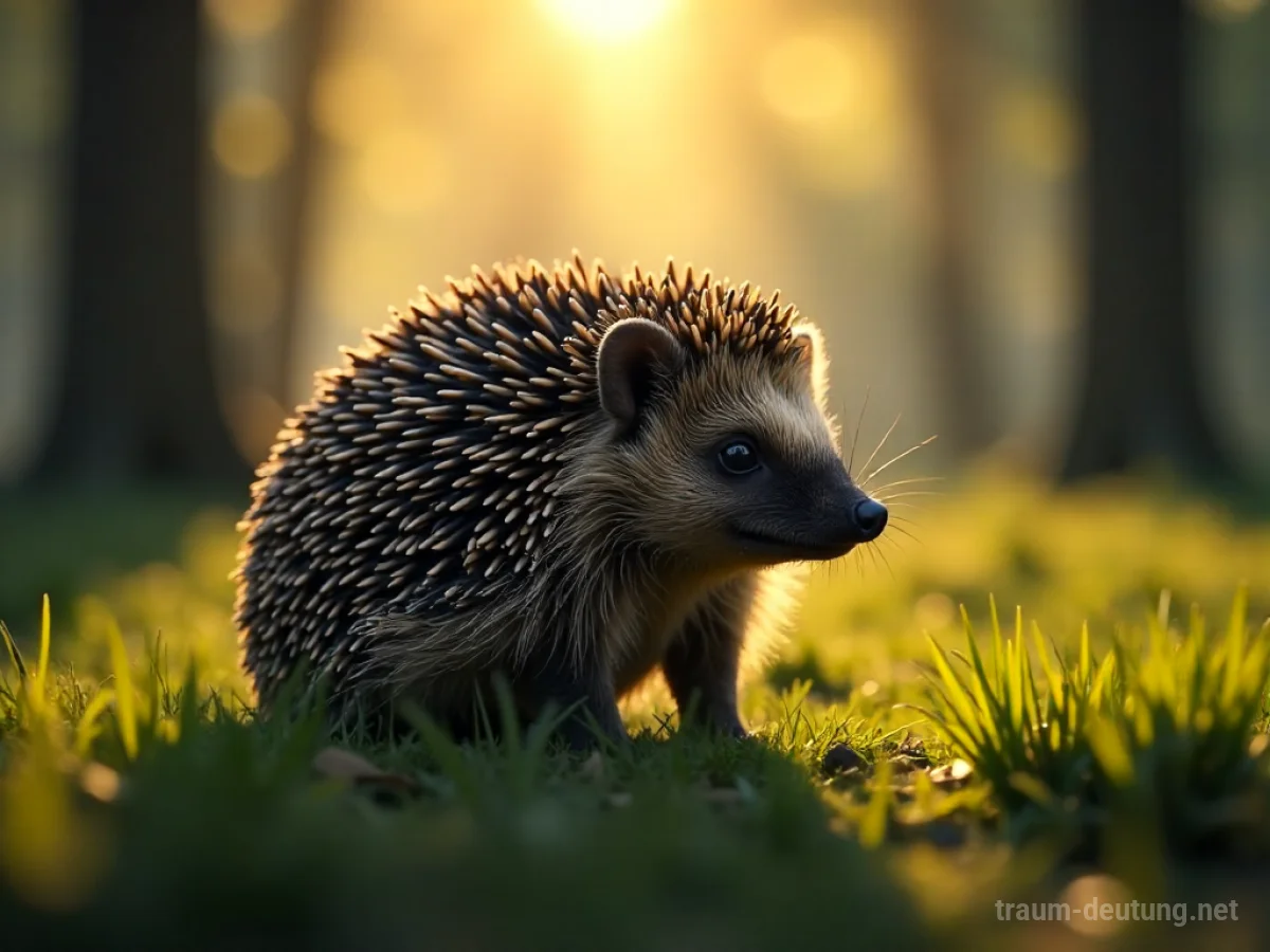 Ein großer Igel steht schützend in einem Wald.