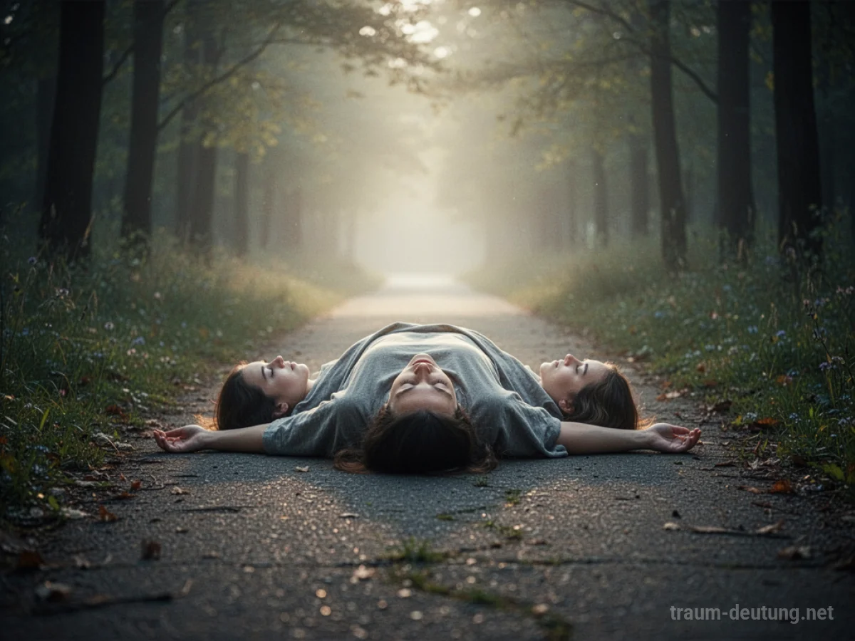 Eine Person liegt still auf einem Weg, umgeben von sanftem Licht.