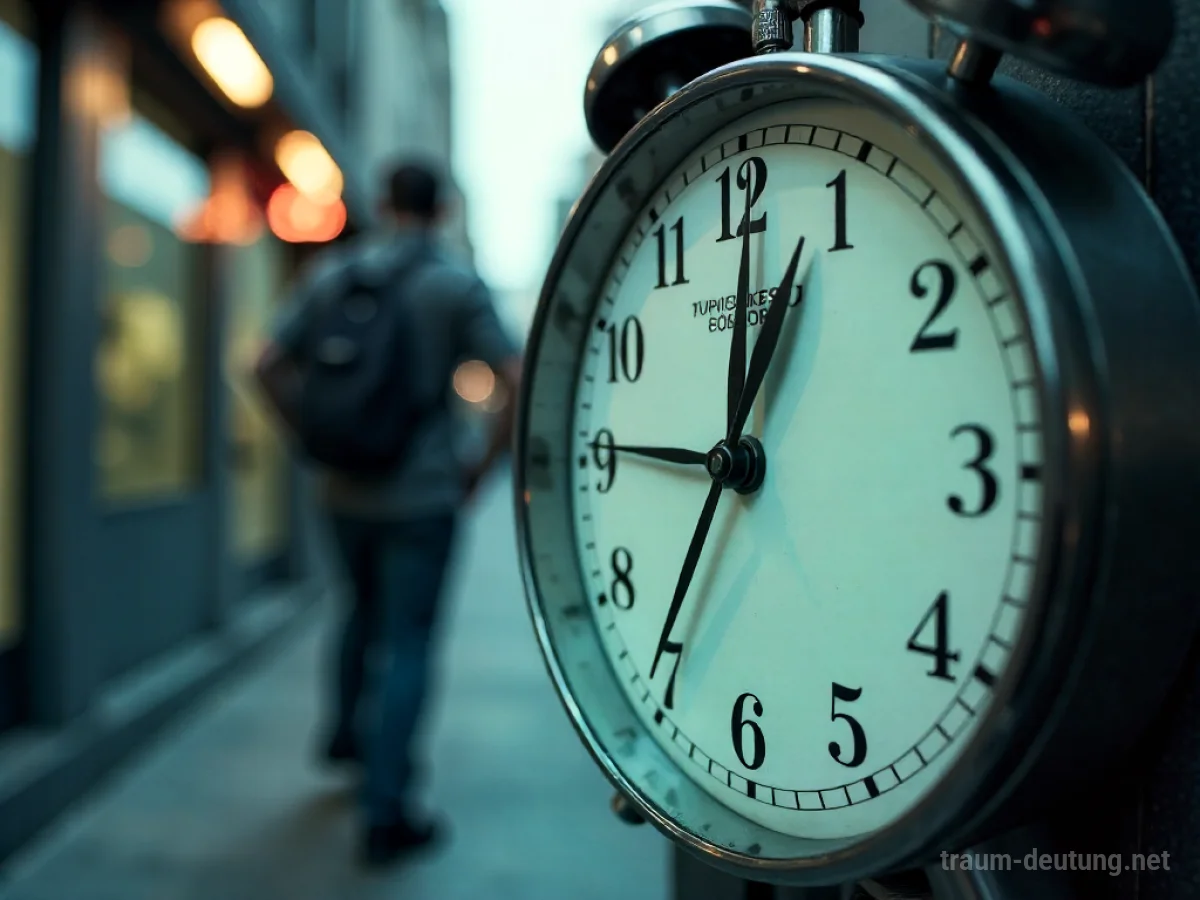 Uhr mit sich schnell drehenden Zeigern über einer hastenden Person.