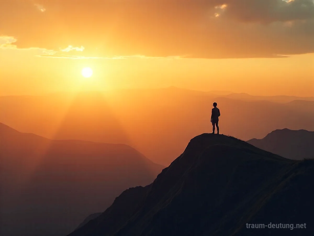 Silhouette einer Person, die hoch über einer Landschaft fliegt.