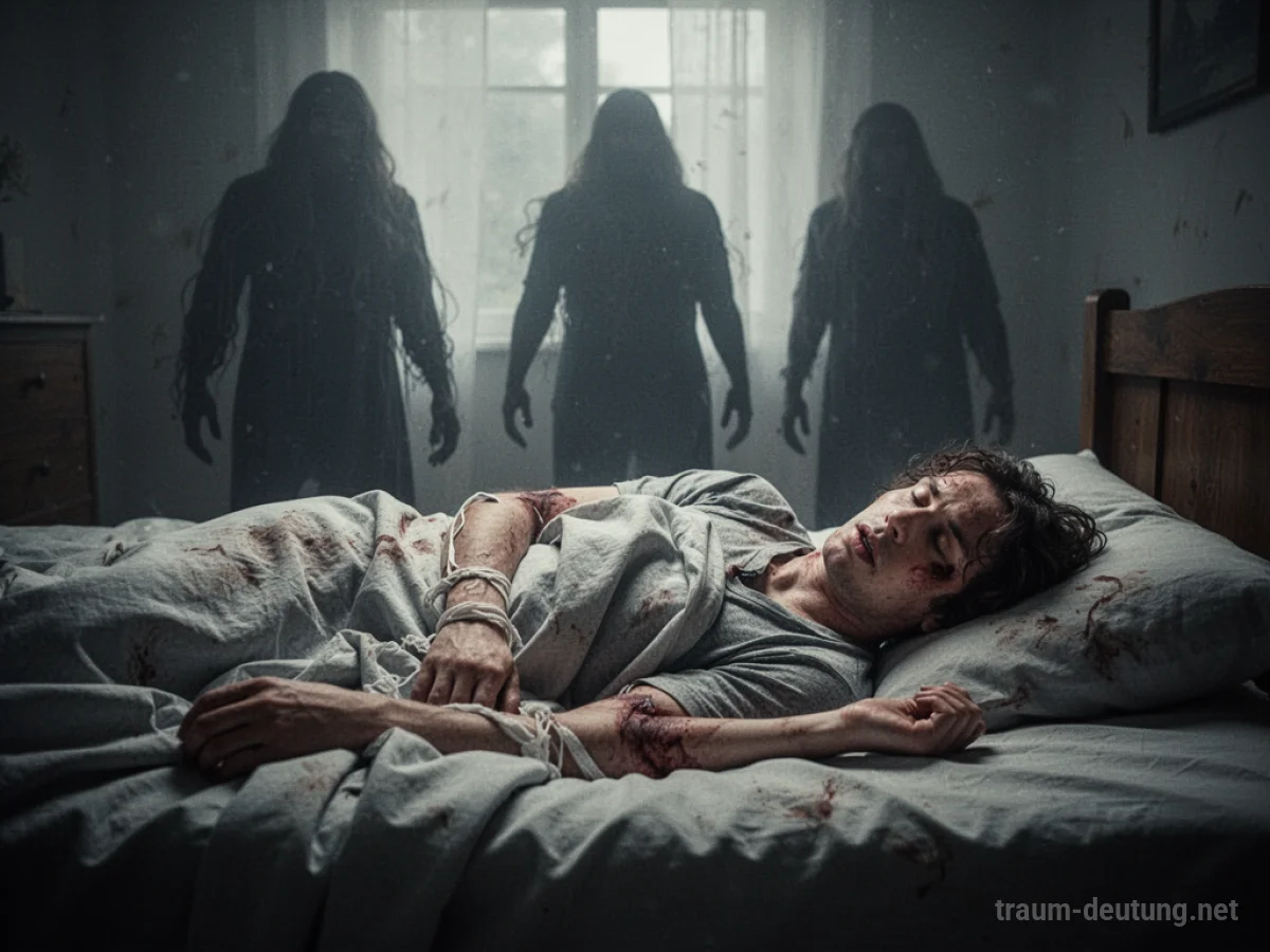 Person liegt im Bett und kann sich nicht bewegen, bedrohliche Schatten im Hintergrund.