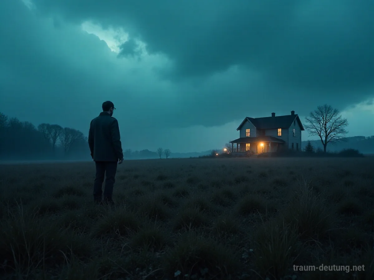 Eine einzelne Person steht vor einem verlassenen Haus im Nebel.