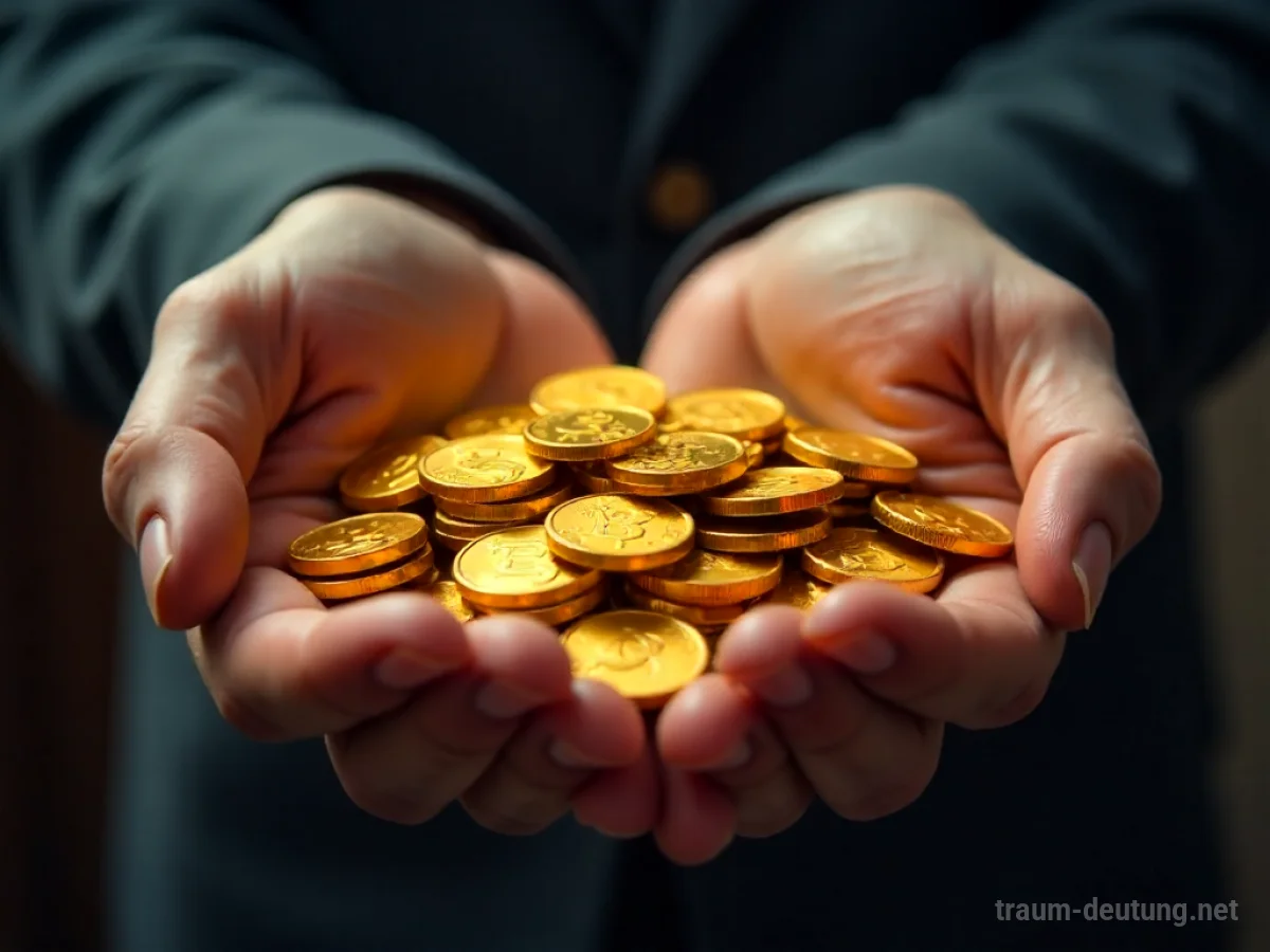 Hände halten einen großen Stapel Goldmünzen, die hell leuchten.