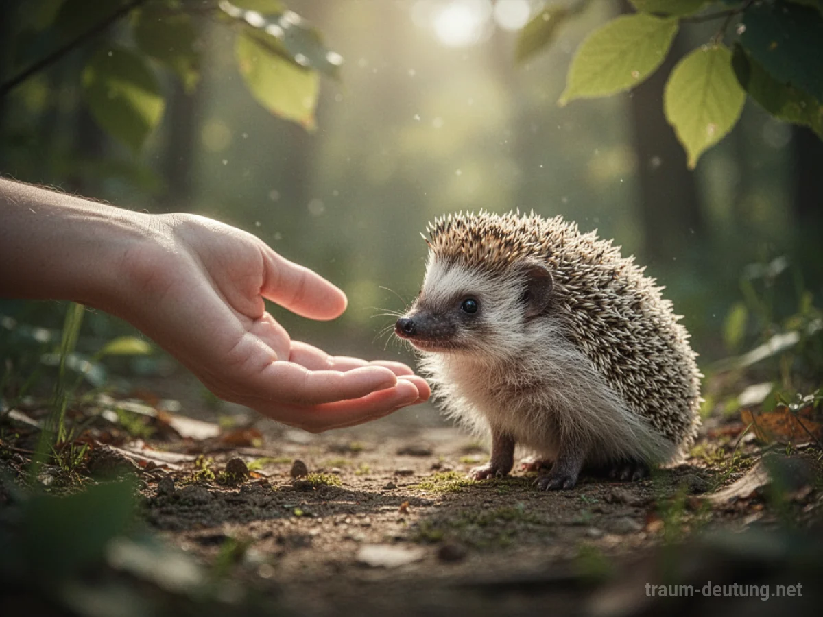 Hand berührt vorsichtig einen Igel in natürlicher Umgebung
