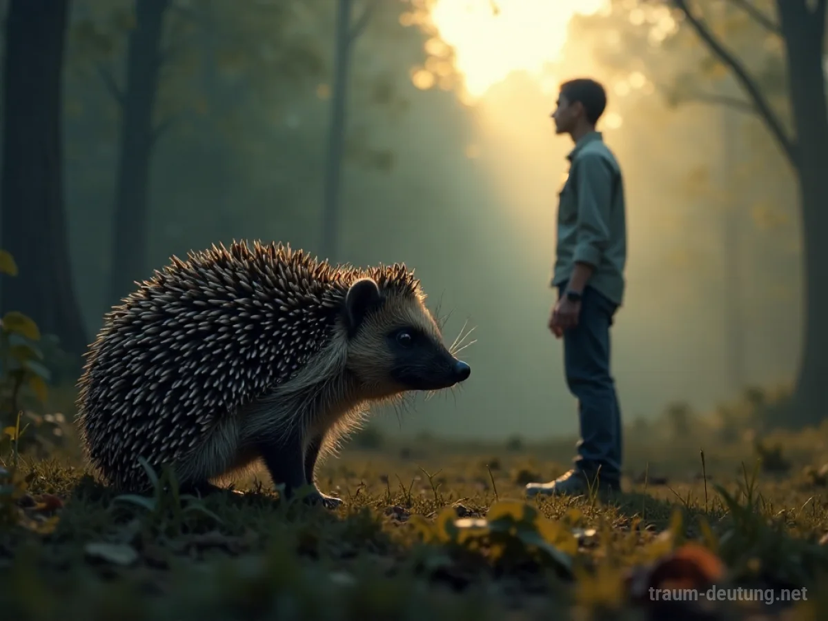 Ein Igel schaut eine menschliche Silhouette an, ohne sie zu berühren