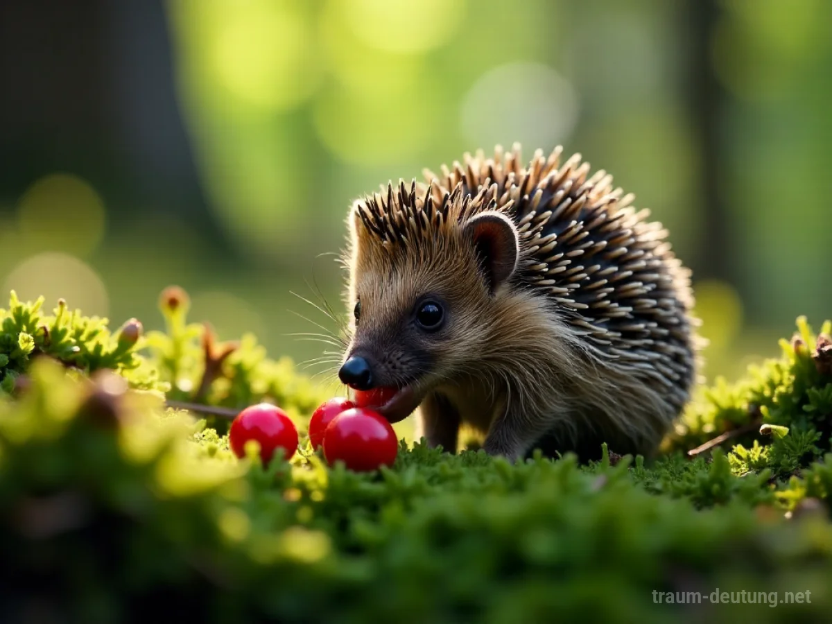 Ein Igel frisst Beeren auf einem moosbedeckten Waldboden.