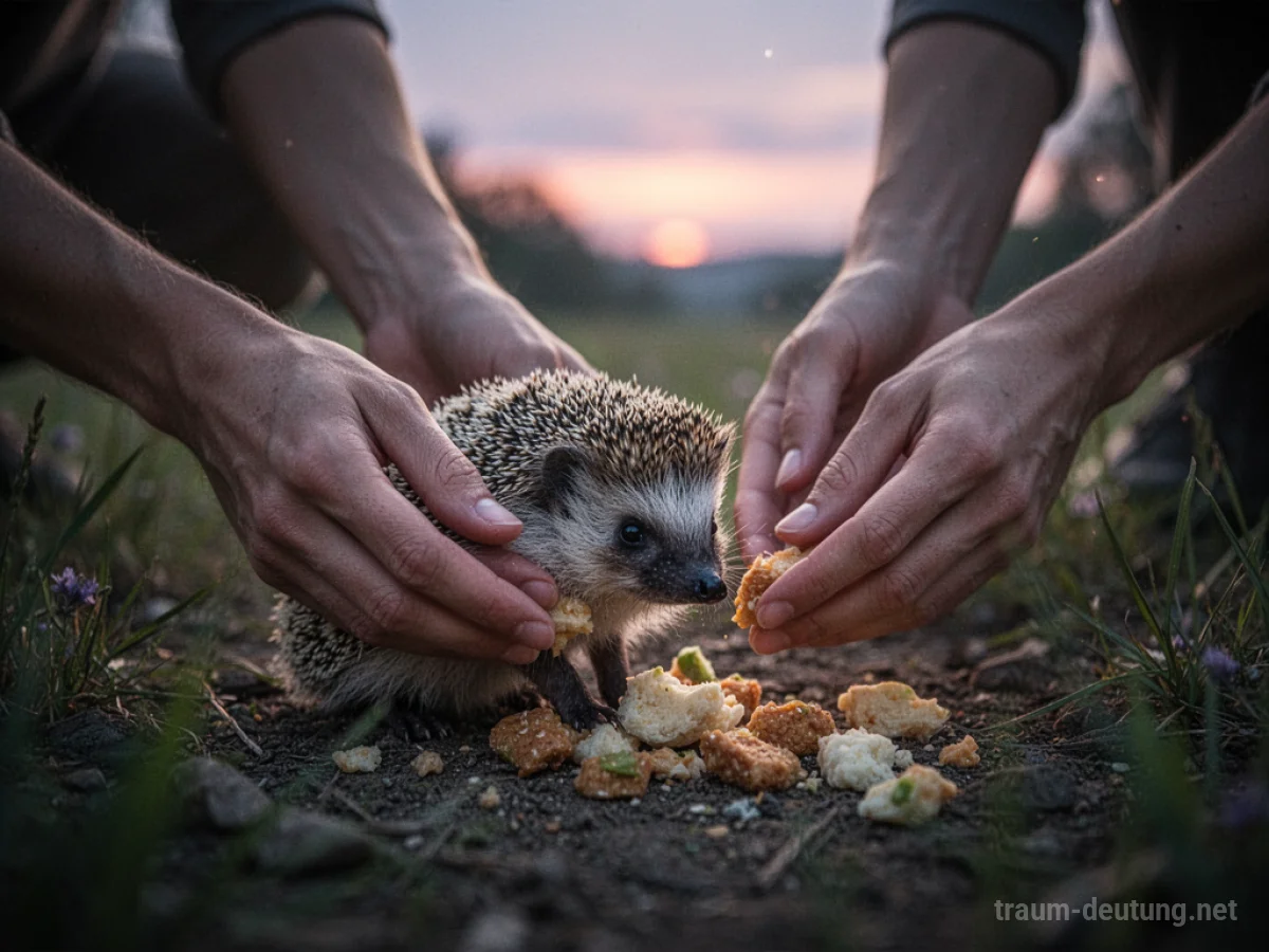 Hände füttern einen Igel im Gras