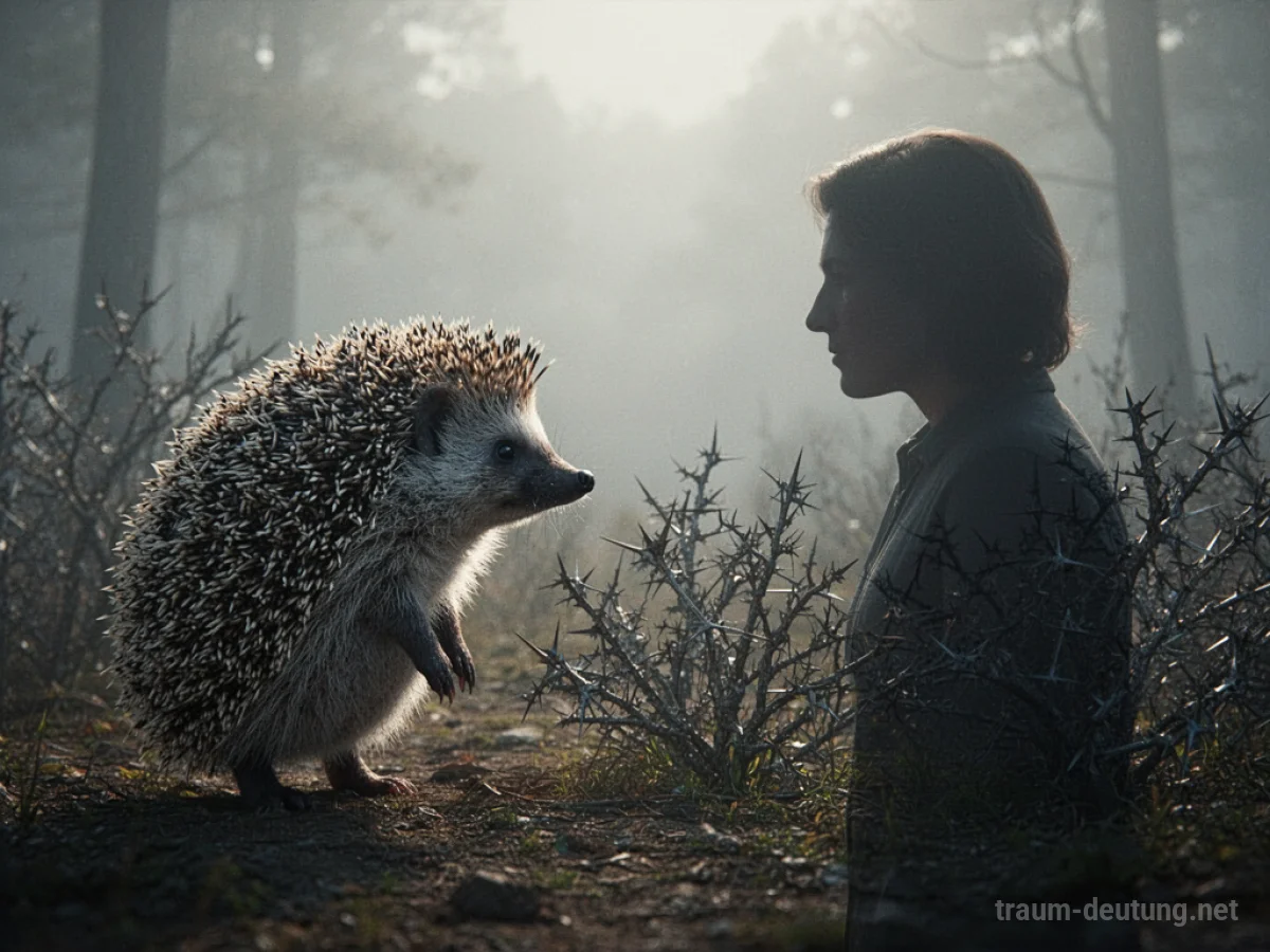 Igel-Symbolfigur steht einem Menschen gegenüber, symbolisiert die Auseinandersetzung mit eigenen Abwehrmechanismen im Traum.