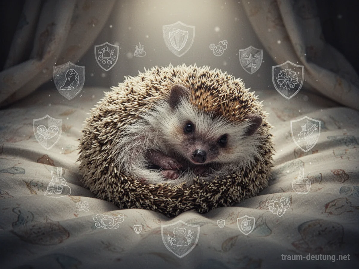 Ein Igel liegt eingerollt auf einem Bett.