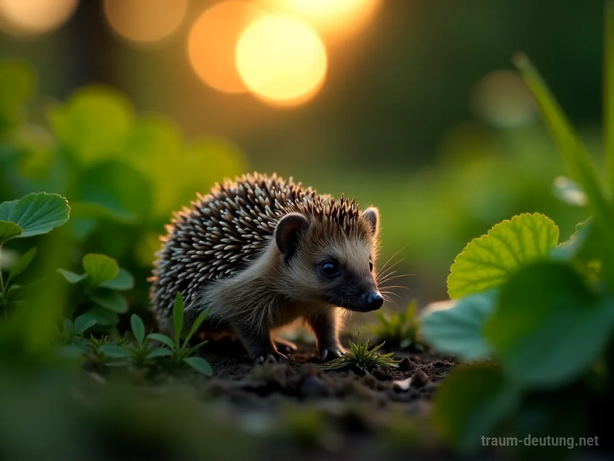 Ein Igel bewegt sich vorsichtig durch einen grünen Garten bei Dämmerung.