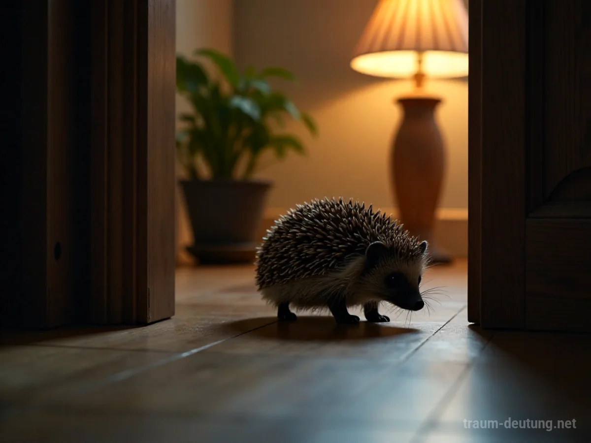 Ein Igel betritt vorsichtig ein Haus durch eine offene Tür.