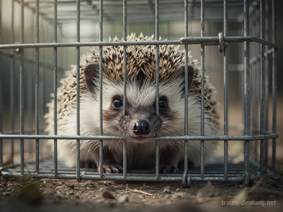 Igel im Käfig, der aus dem Gitter starrt