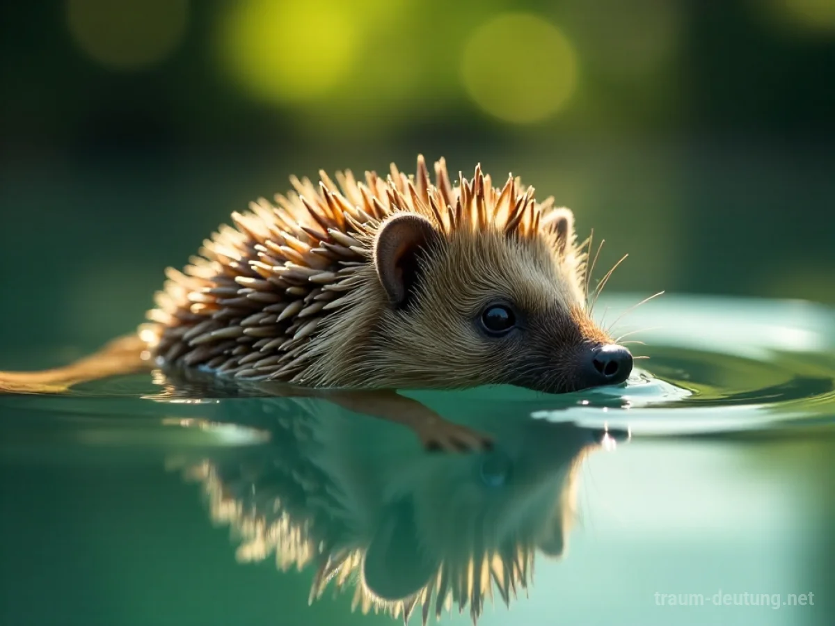 Ein Igel schwimmt vorsichtig in klarem Wasser.