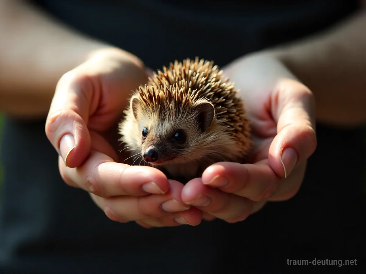 Hände halten einen kleinen Igel vorsichtig.