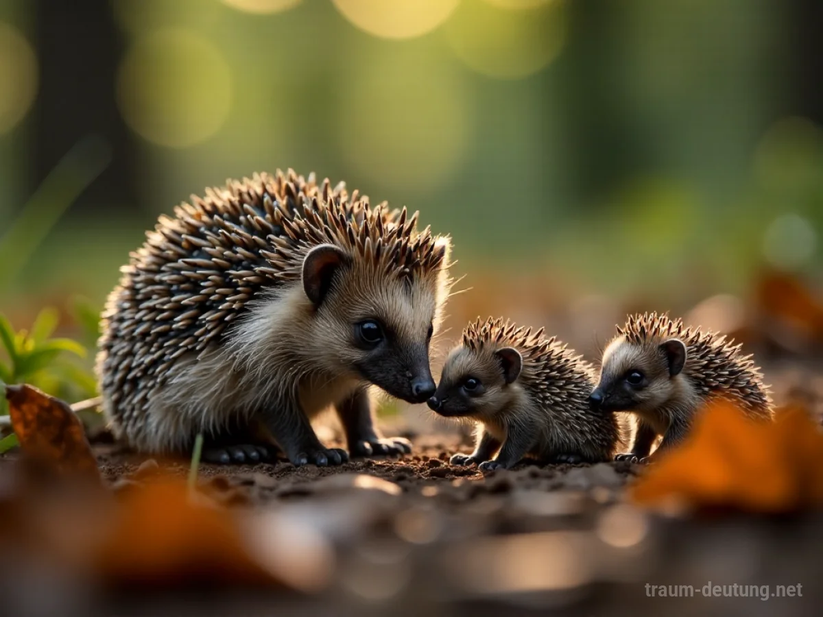 Mutterigel mit mehreren kleinen Igelsbabys auf einem Waldboden