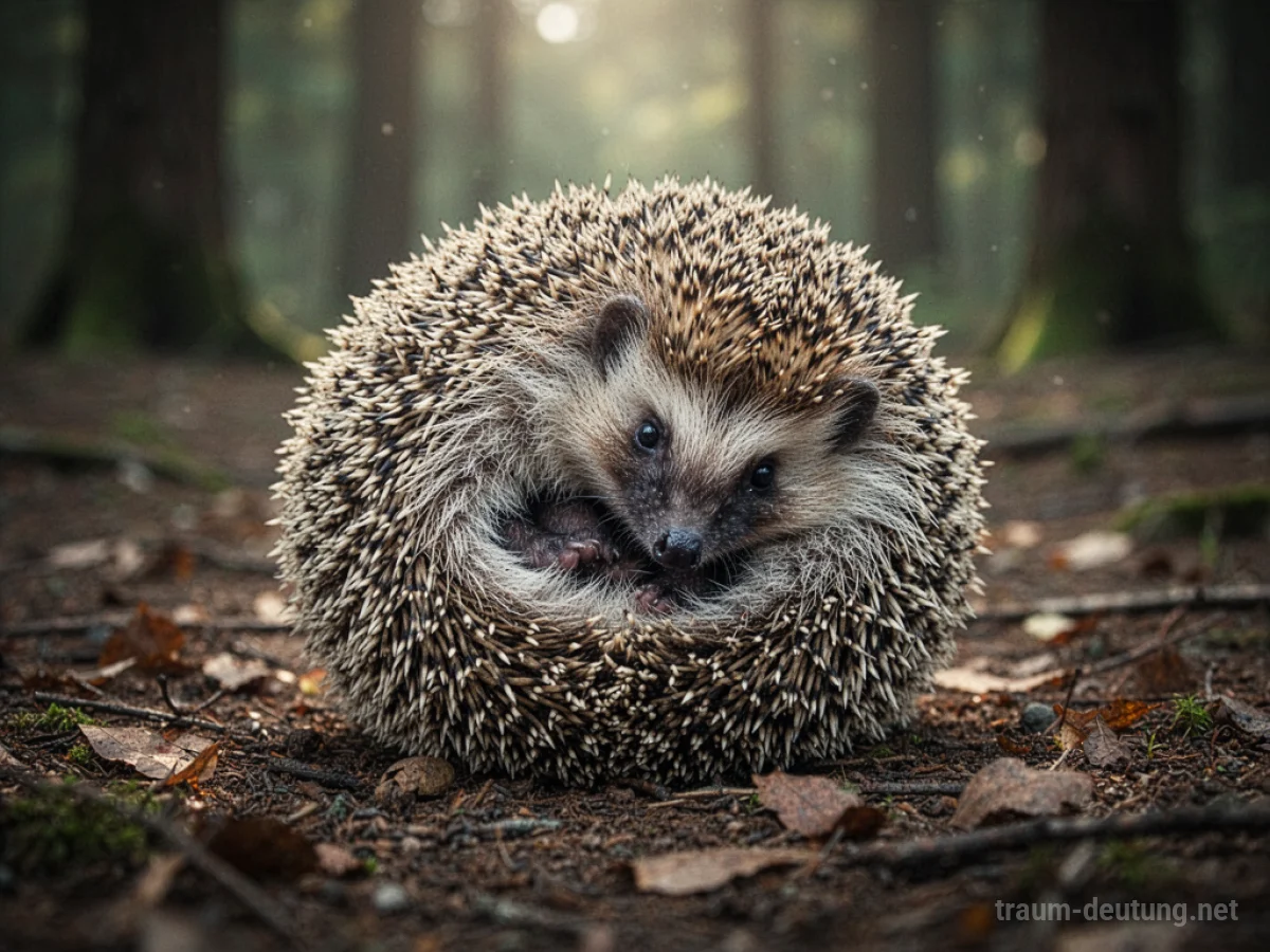 Ein Igel rollt sich auf dem Waldboden zu einer schützenden Kugel zusammen.