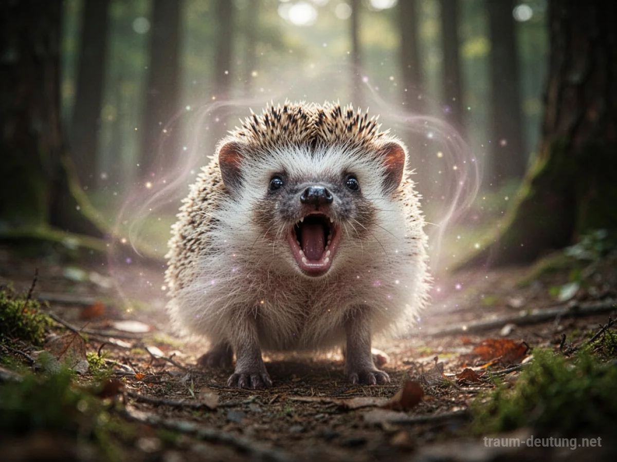 Ein Igel mit offenem Mund in einer Waldlichtung, umgeben von sanftem Licht.